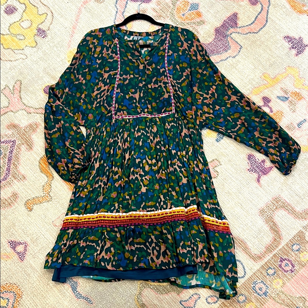 Anthropologie Green Leopard Print Dress